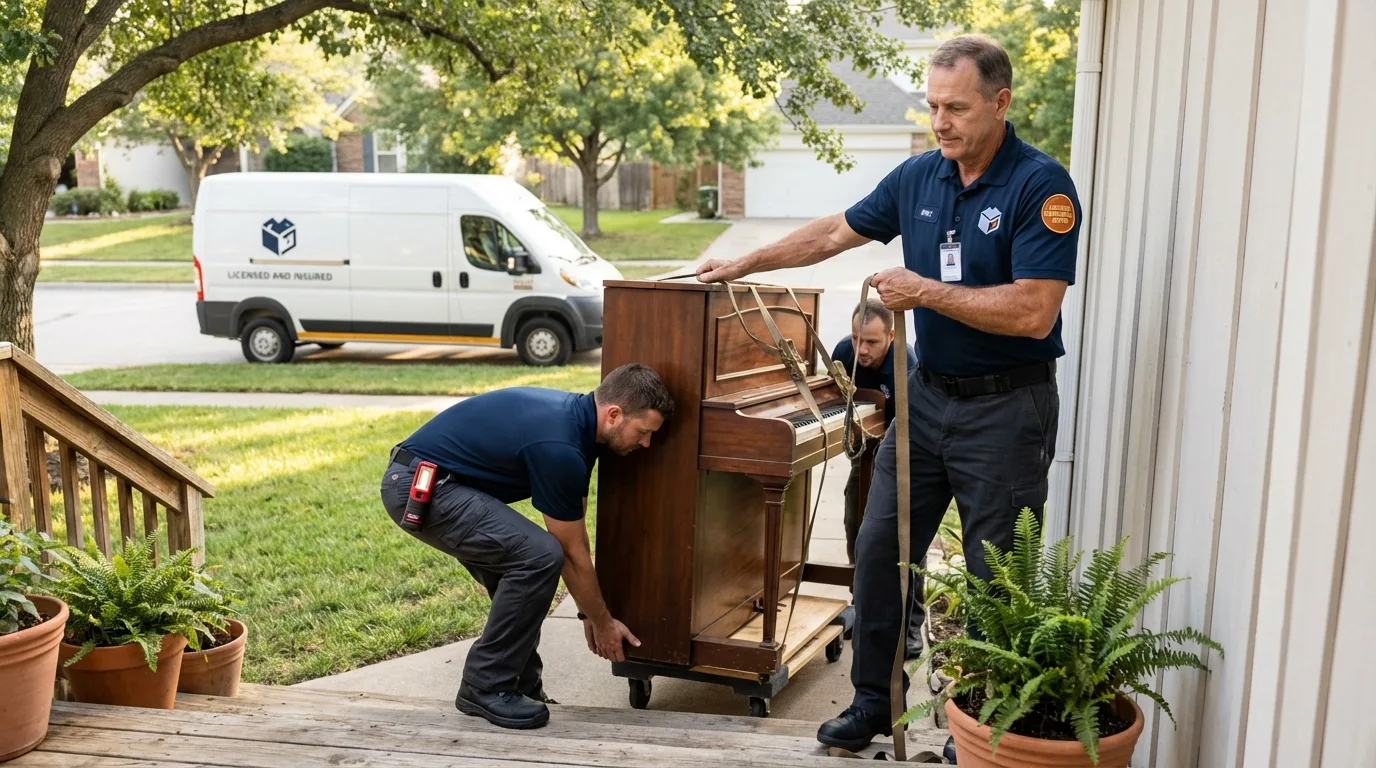 Licensed piano movers securing grand piano in Caney, KS