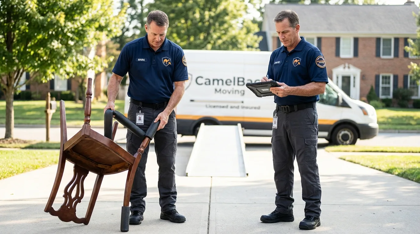 Movers inspecting furniture for damage prevention before loading in Caney, KS